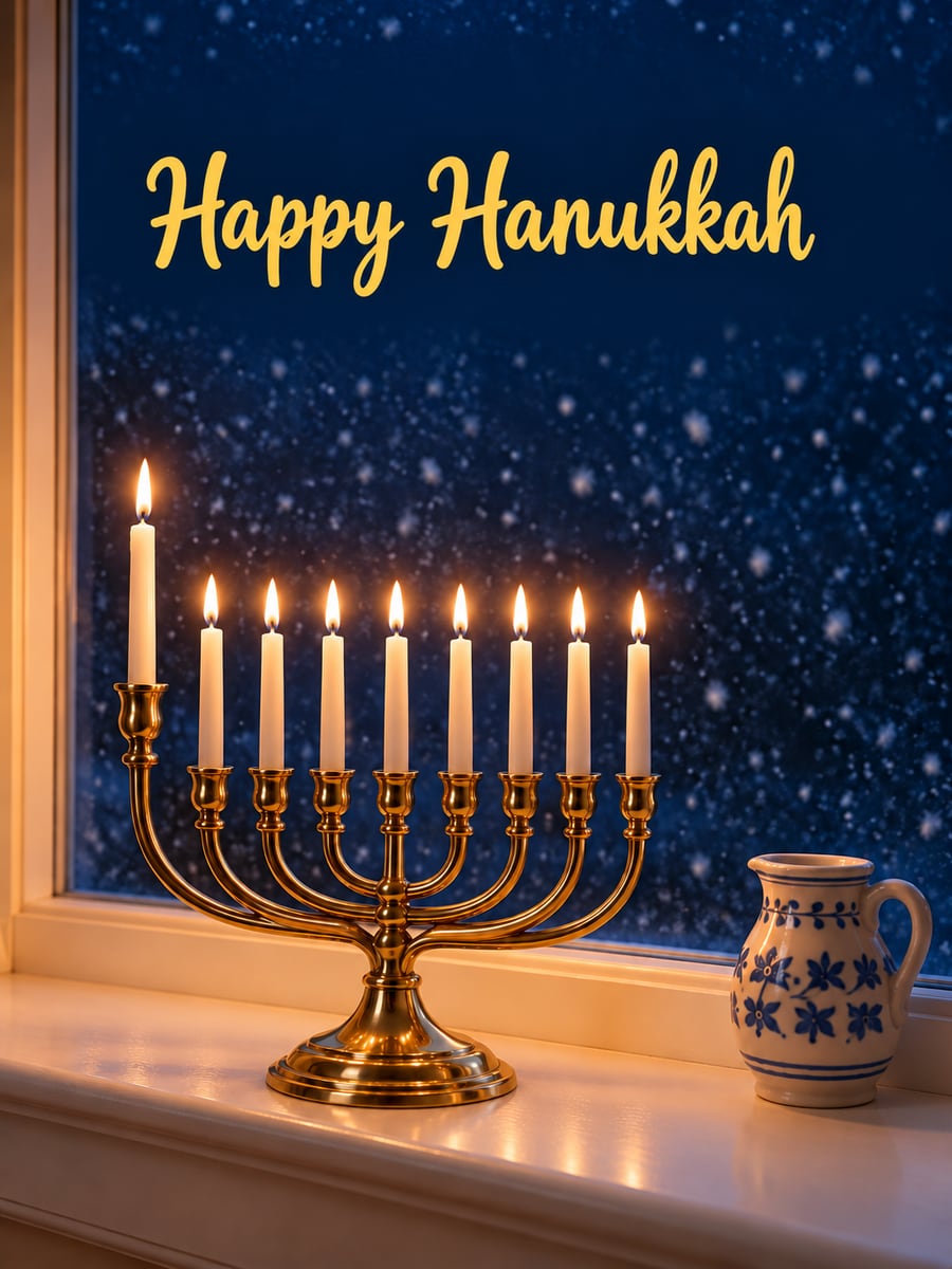 Hanukkah greeting image: nine-branch menorah with all candles lit, menorah in a window, snowy night. It says “Happy Hanukkah”