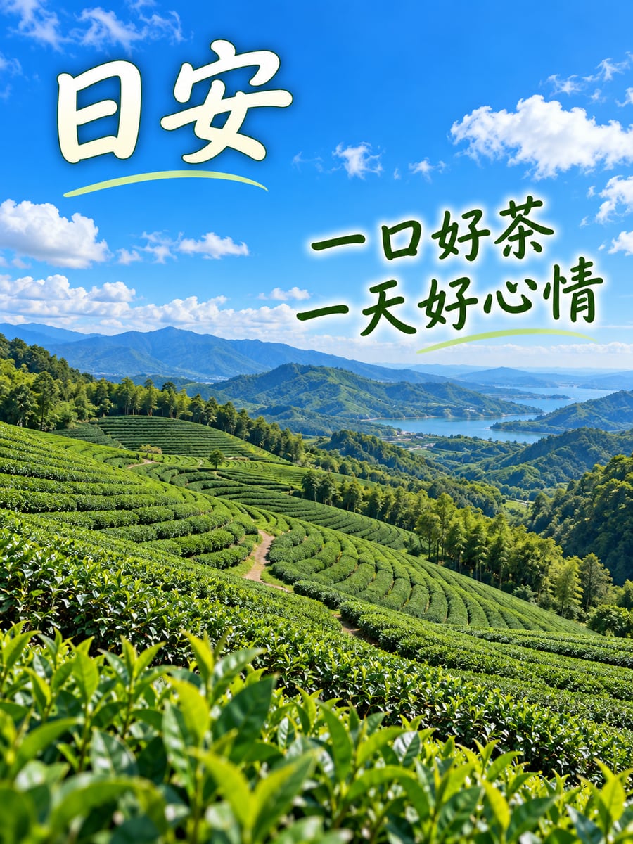 層層茶園。圖中文字：日安，一口好茶，一天好心情