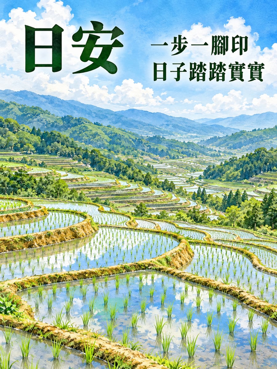 翠綠的梯田。圖中文字：日安，一步一腳印，日子踏踏實實
