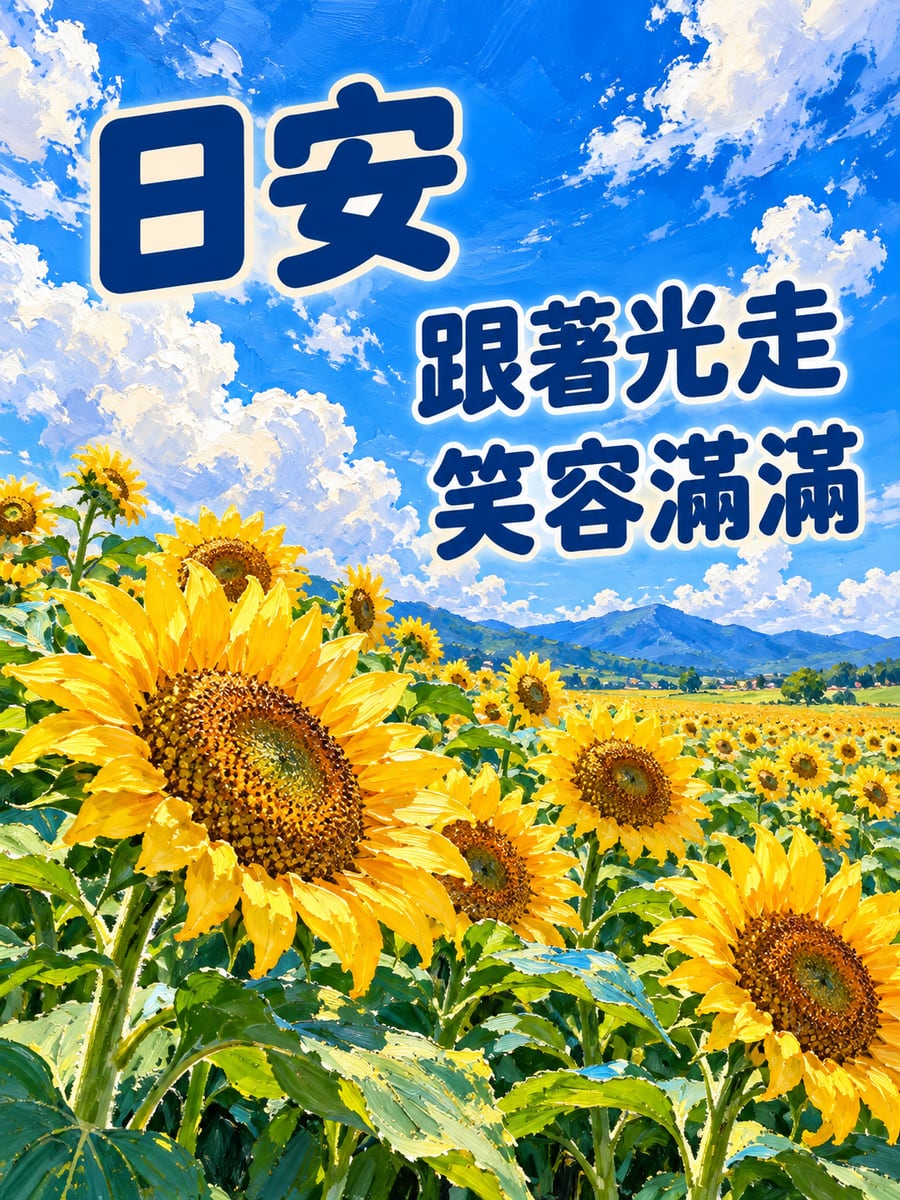 朝天開的向日葵。圖中文字：日安，跟著光走，笑容滿滿