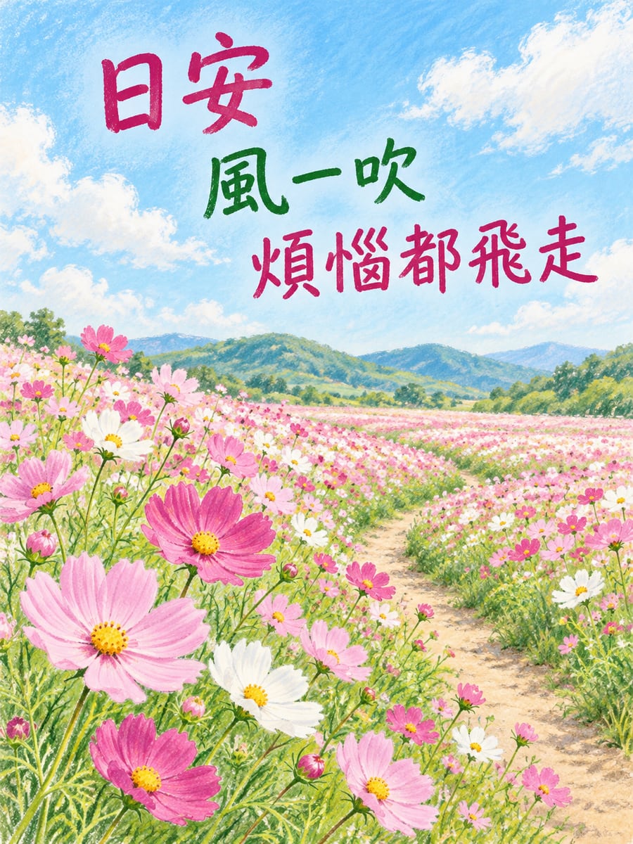 隨風搖曳的波斯菊。圖中文字：日安，風一吹，煩惱都飛走