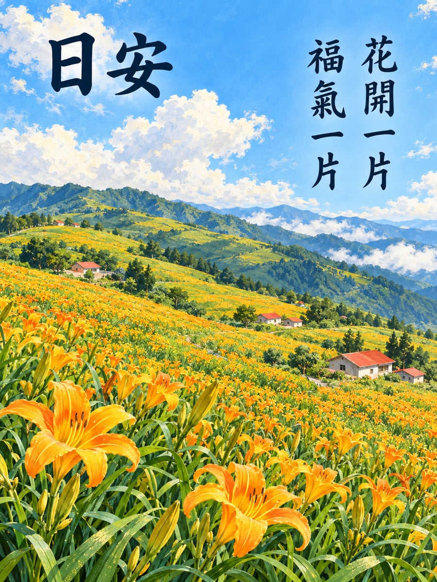 開滿稜線的金針花。圖中文字：日安，花開一片，福氣一片