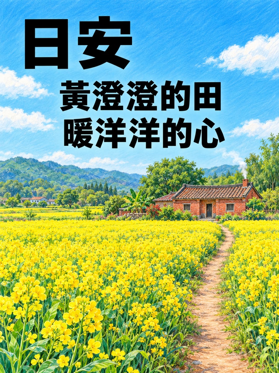 油菜花田。圖中文字：日安，黃澄澄的田，暖洋洋的心