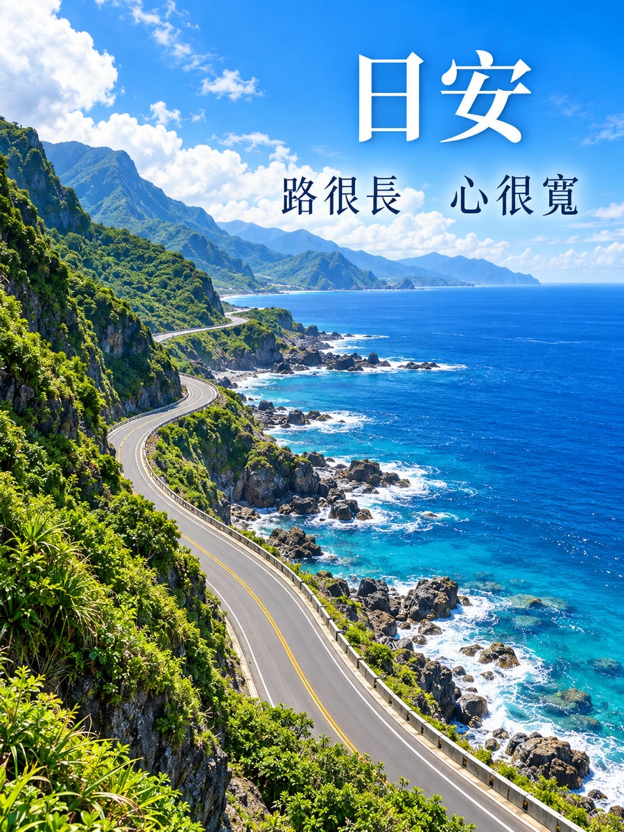 濱海公路的藍天。圖中文字：日安，路很長，心很寬