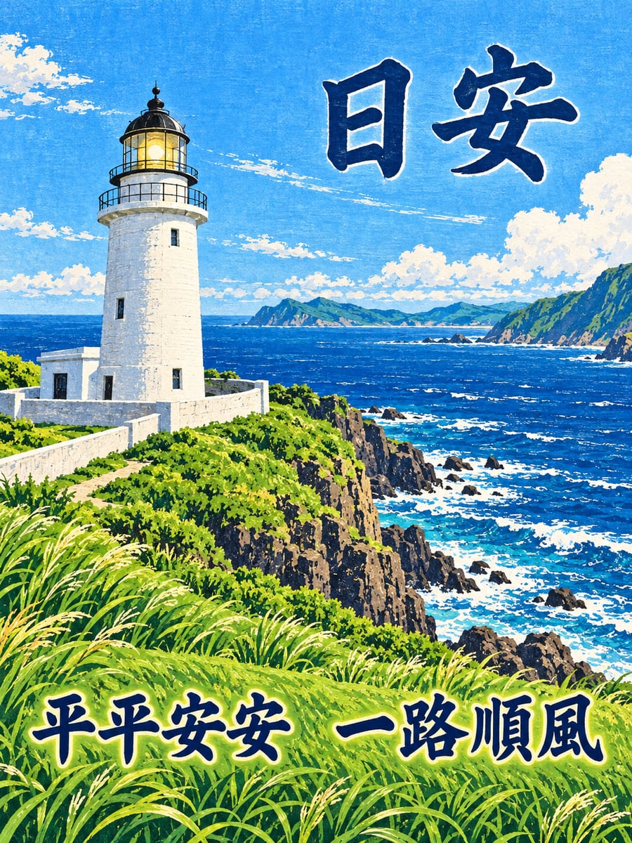 岬角上的白燈塔。圖中文字：日安，平平安安，一路順風