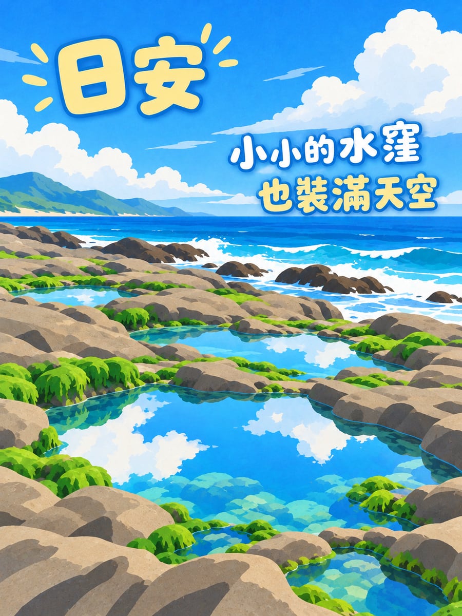 礁岩潮池。圖中文字：日安，小小的水窪，也裝滿天空