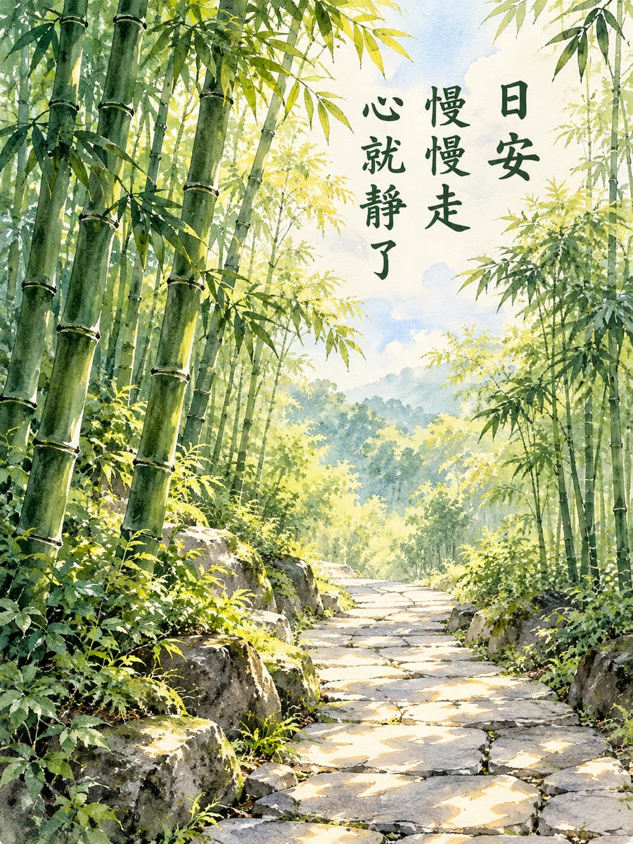 陽光灑落的竹林。圖中文字：日安，慢慢走，心就靜了