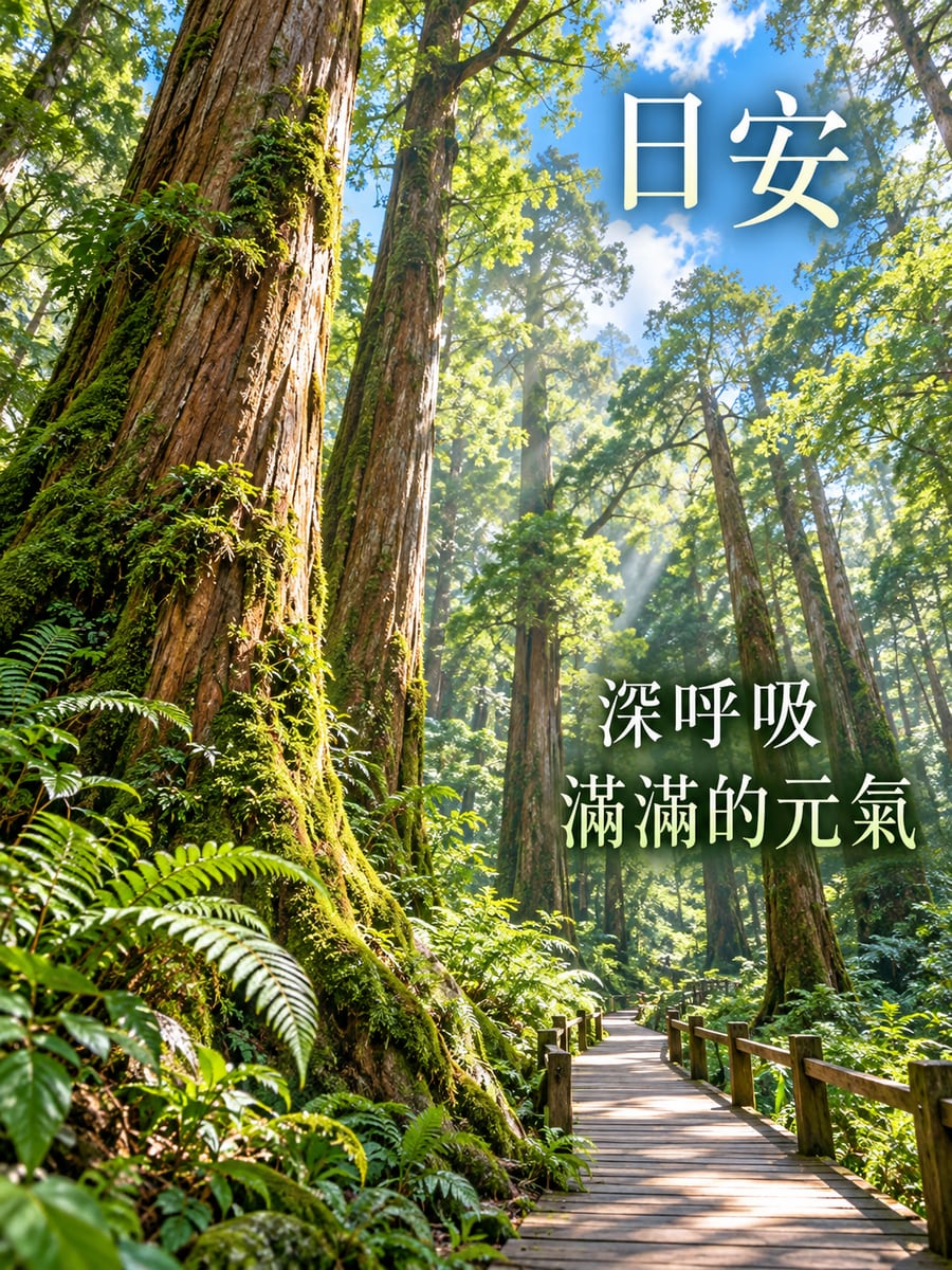 檜木林步道。圖中文字：日安，深呼吸，滿滿的元氣