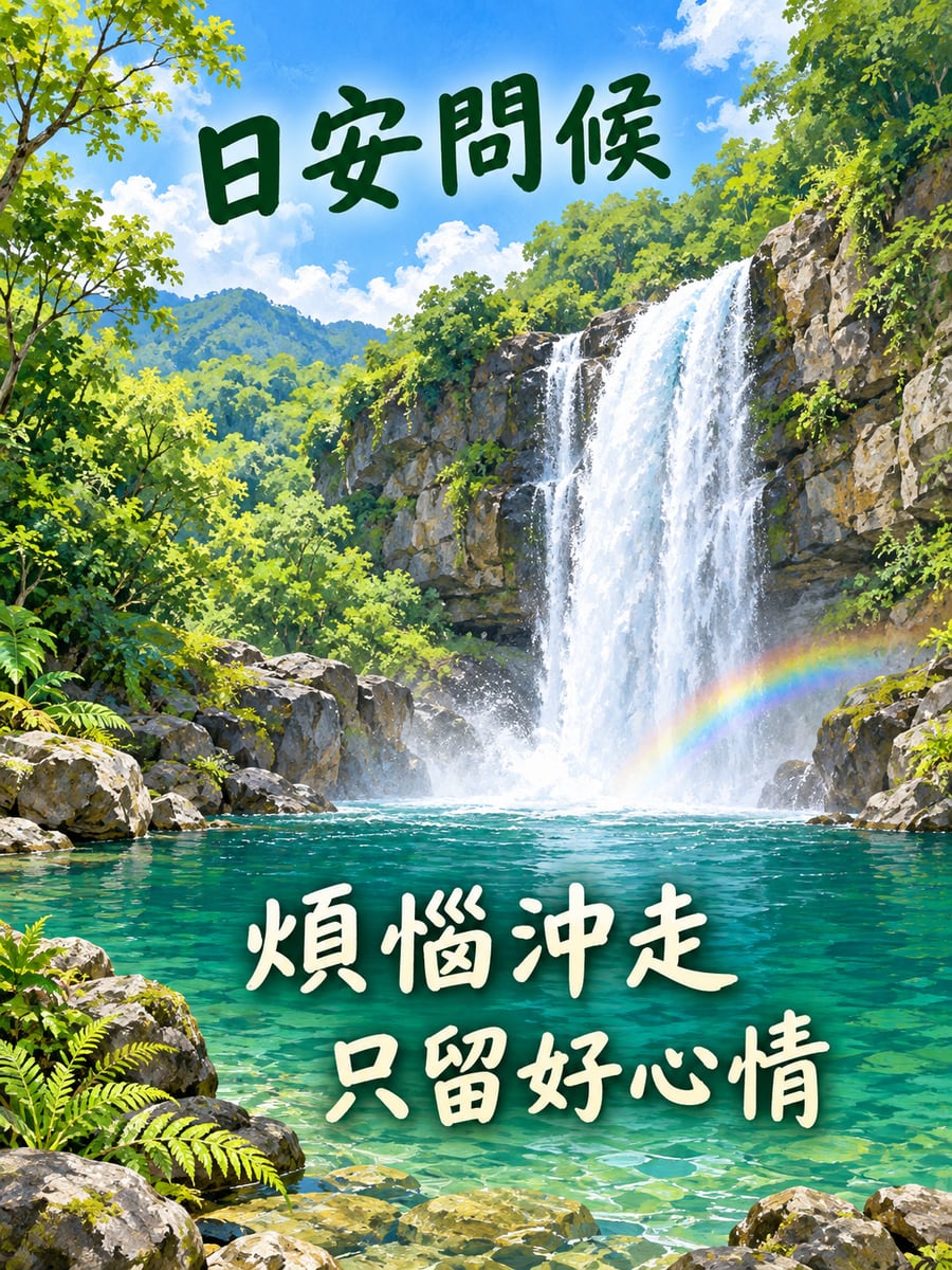 瀑布與碧潭。圖中文字：日安問候，煩惱沖走，只留好心情