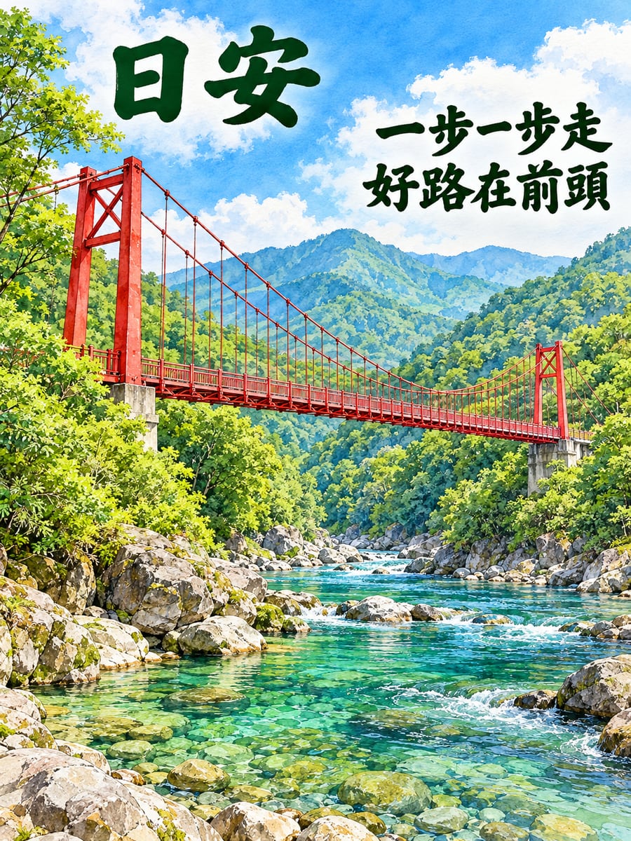 溪谷上的吊橋。圖中文字：日安，一步一步走，好路在前頭