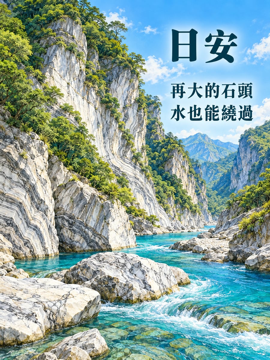大理石峽谷。圖中文字：日安，再大的石頭，水也能繞過
