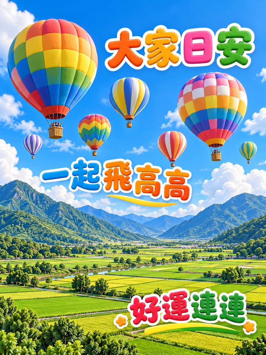 熱氣球飛上天。圖中文字：大家日安，一起飛高高，好運連連