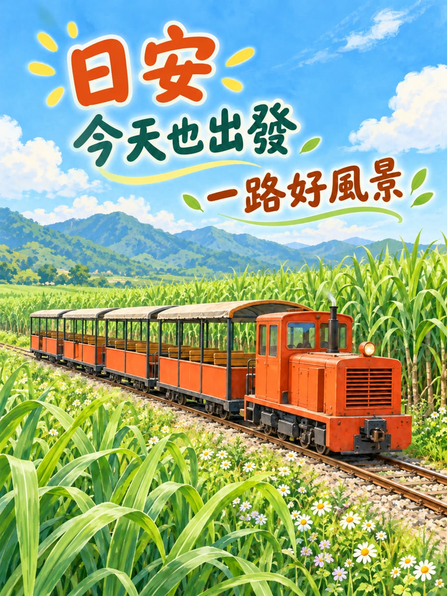 綠野上的小火車。圖中文字：日安，今天也出發，一路好風景