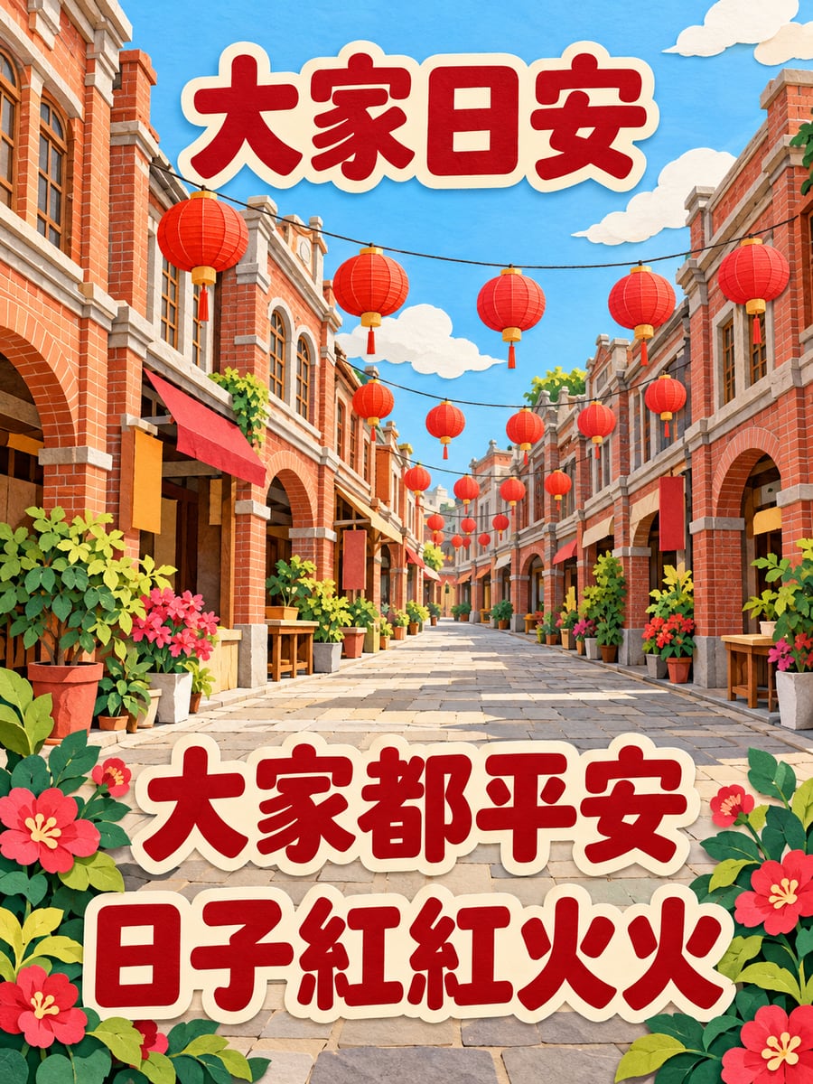 老街的紅燈籠。圖中文字：大家日安，大家都平安，日子紅紅火火