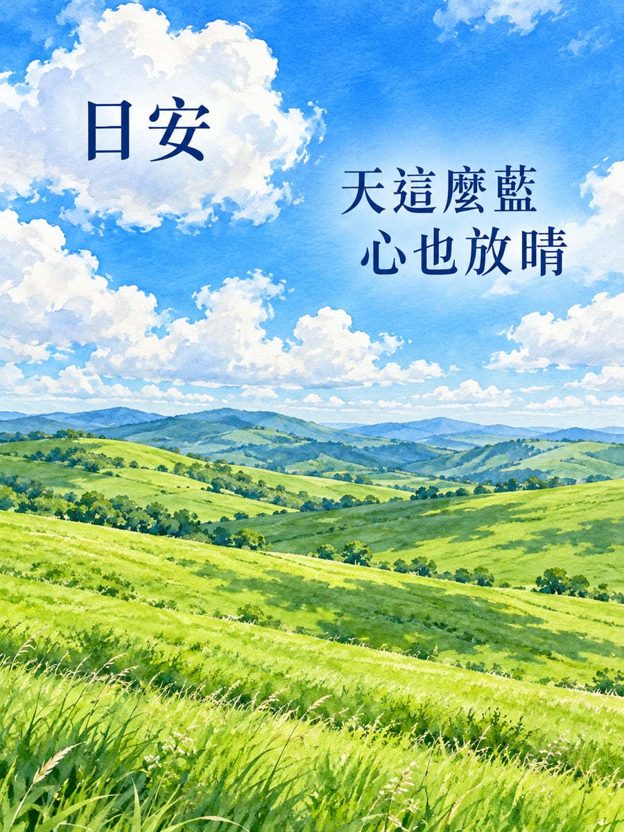藍天白雲大草原。圖中文字：日安，天這麼藍，心也放晴
