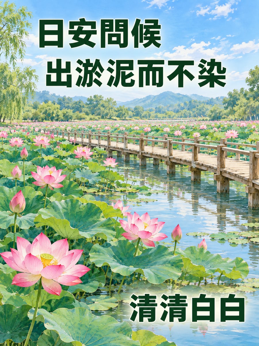 荷花池。圖中文字：日安問候，出淤泥而不染，清清白白