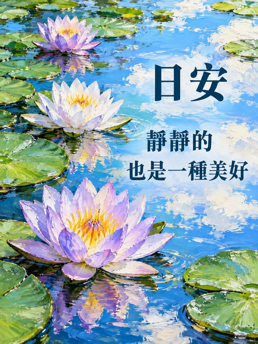 睡蓮與倒影。圖中文字：日安，靜靜的，也是一種美好