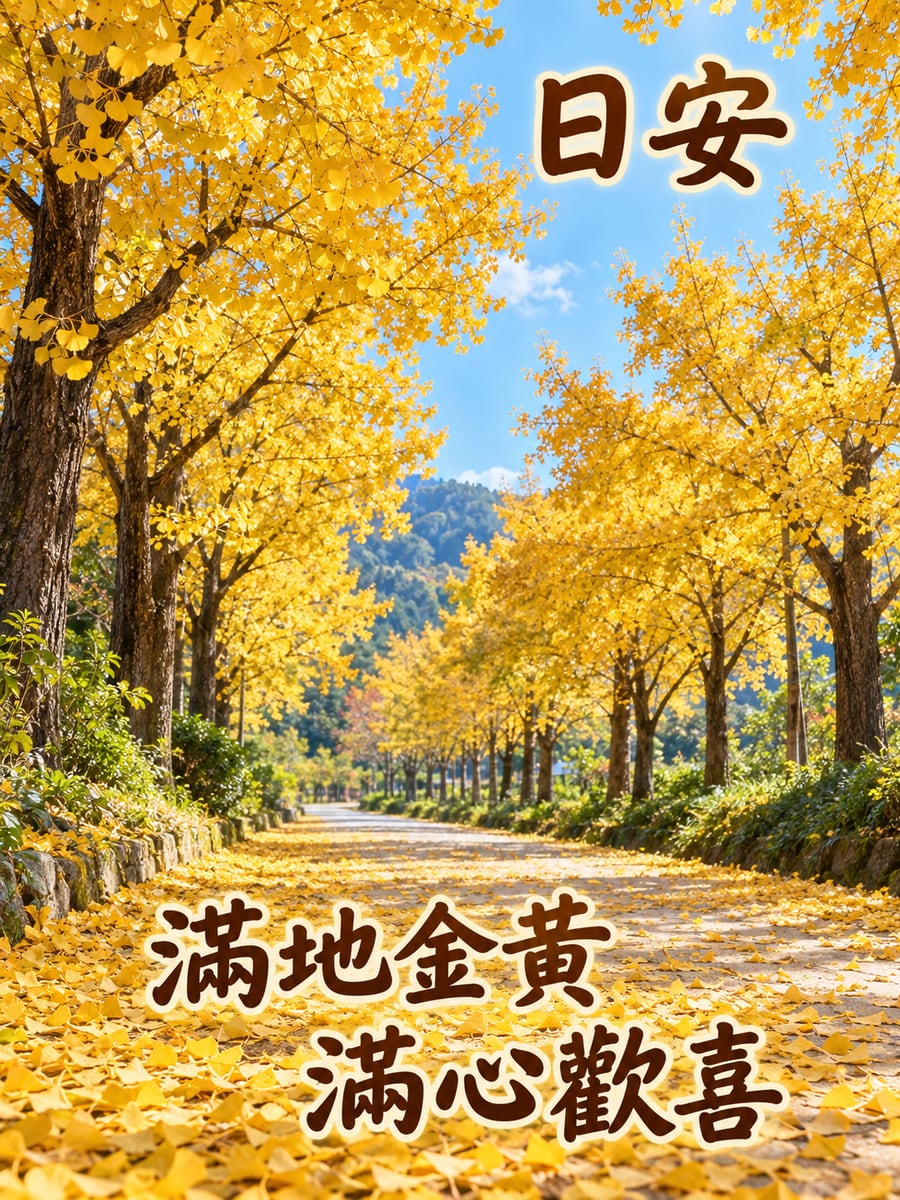 金黃銀杏大道。圖中文字：日安，滿地金黃，滿心歡喜