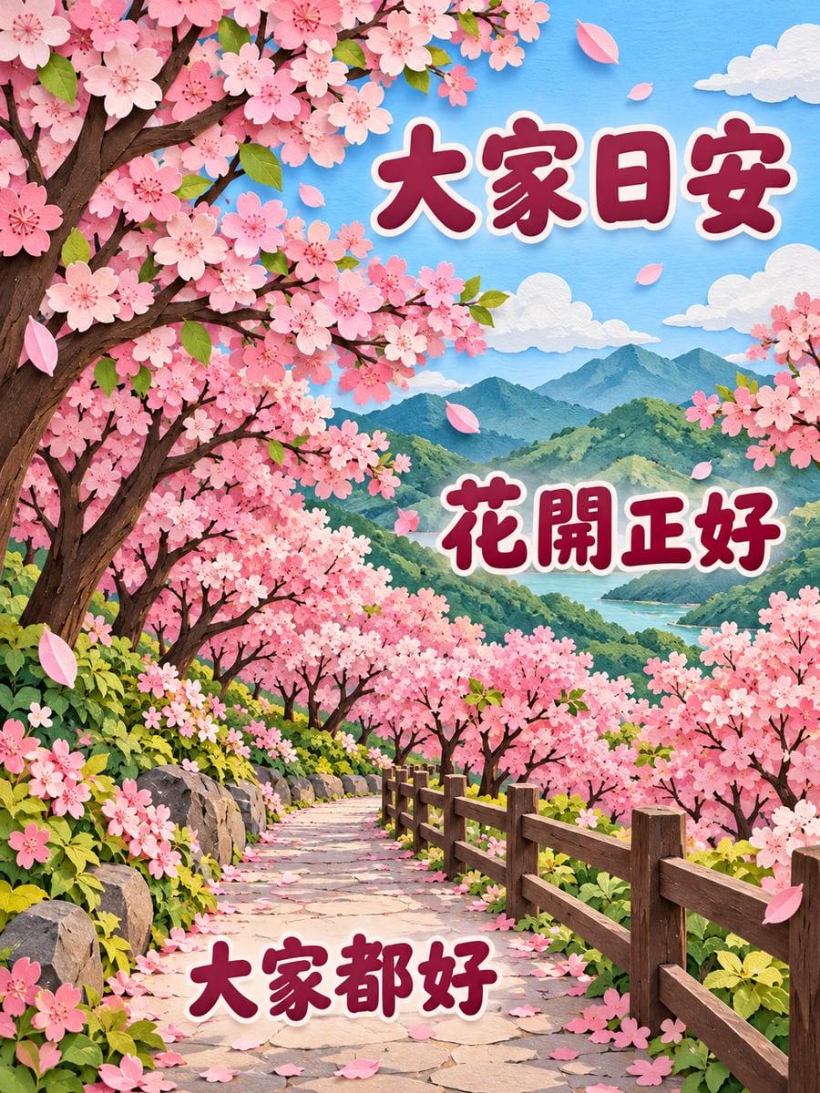 櫻花步道。圖中文字：大家日安，花開正好，大家都好