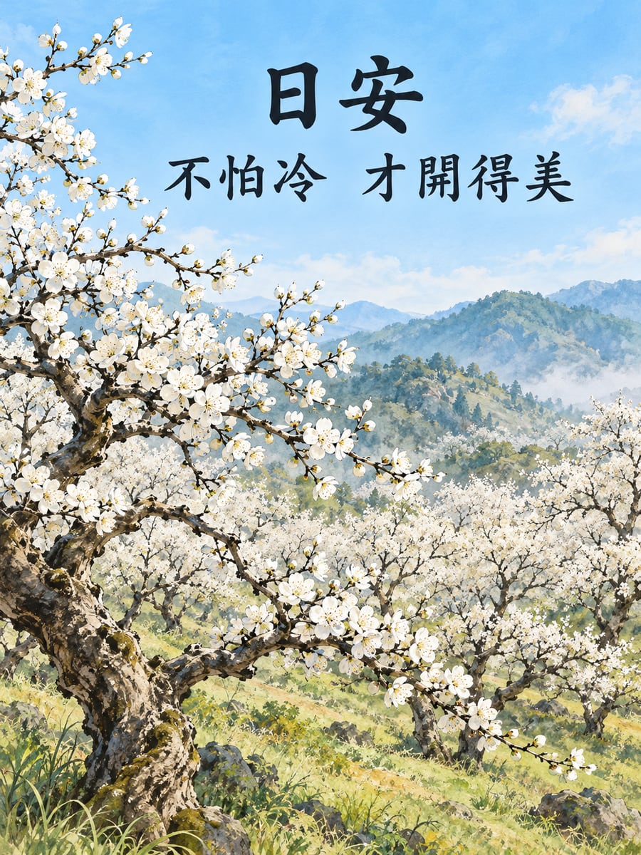梅花林。圖中文字：日安，不怕冷，才開得美