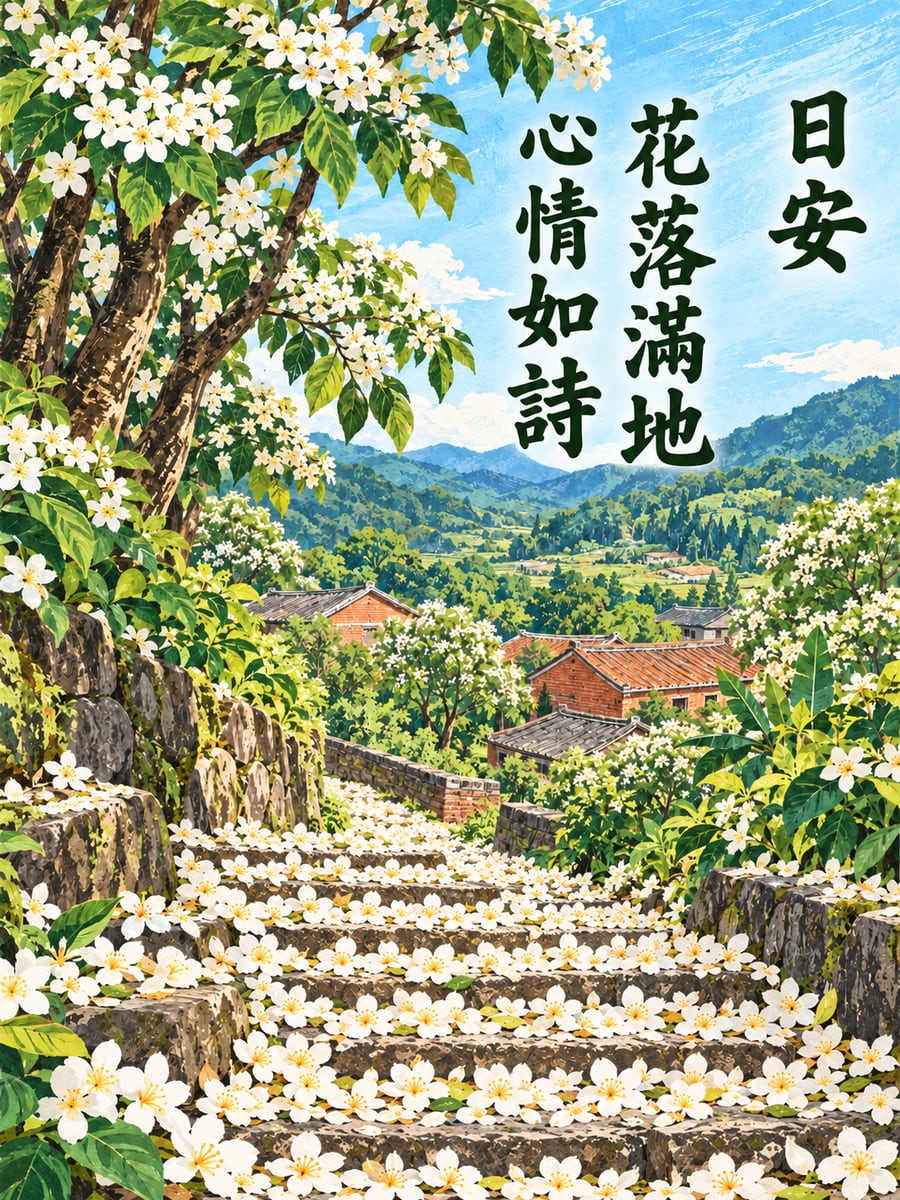 鋪滿桐花的石階。圖中文字：日安，花落滿地，心情如詩