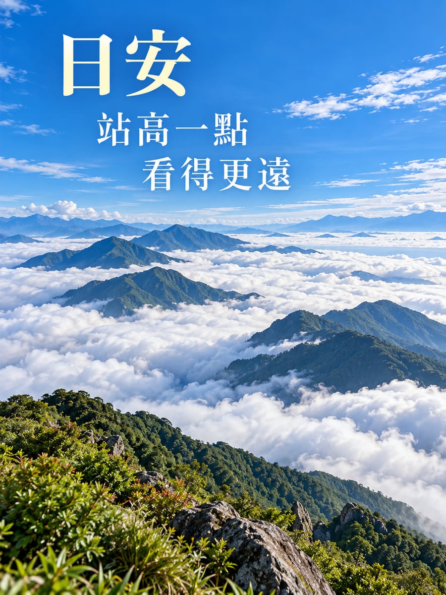 高山上的雲海。圖中文字：日安，站高一點，看得更遠