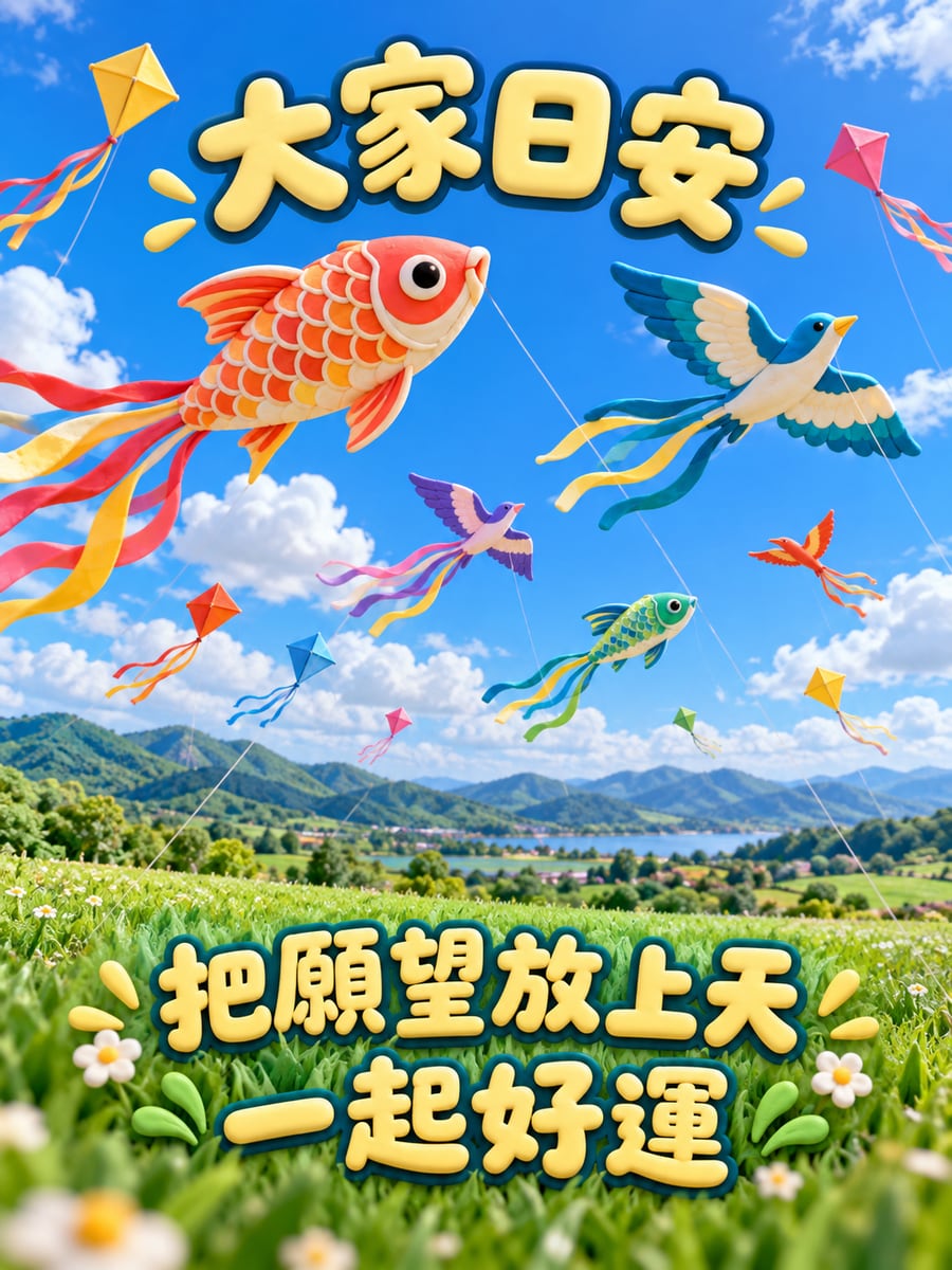 草地上的風箏。圖中文字：大家日安，把願望放上天，一起好運