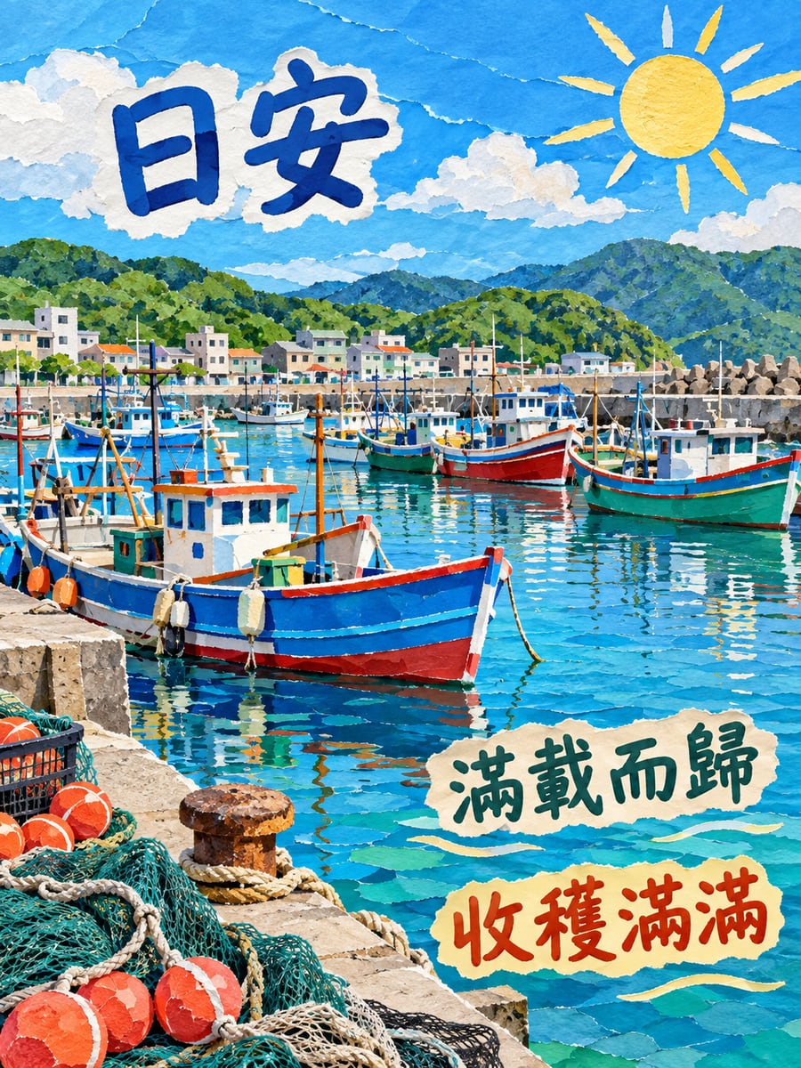 漁港裡的彩色漁船。圖中文字：日安，滿載而歸，收穫滿滿