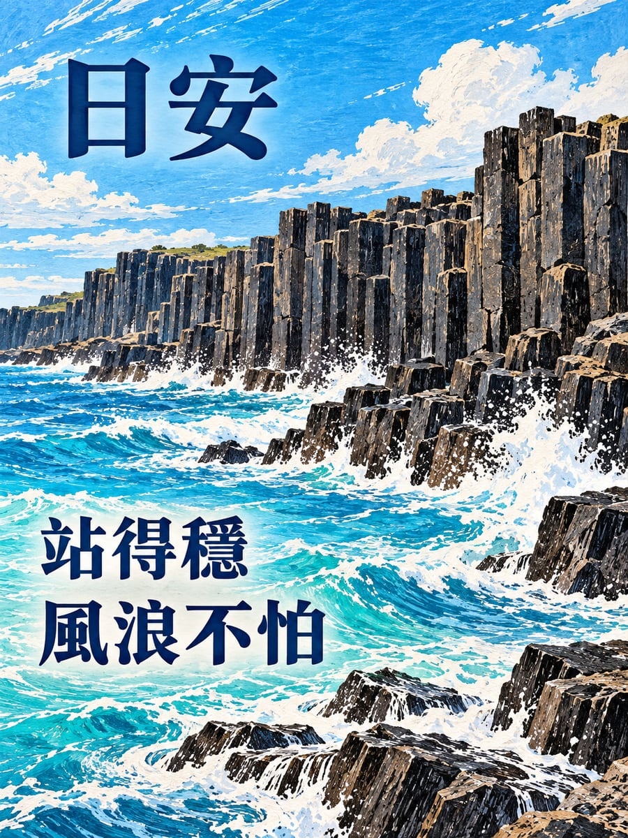 玄武岩海岸。圖中文字：日安，站得穩，風浪不怕