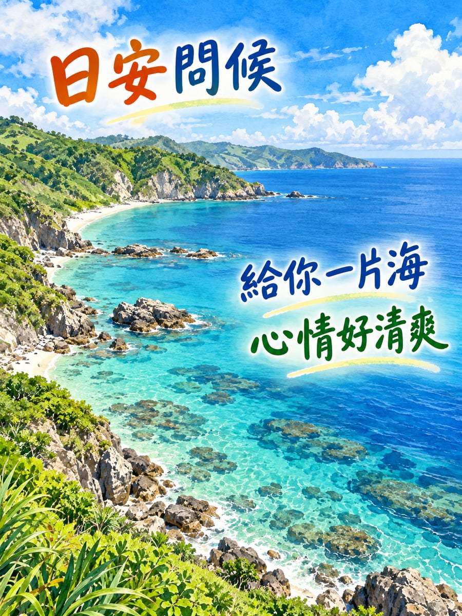 碧綠的海灣。圖中文字：日安問候，給你一片海，心情好清爽