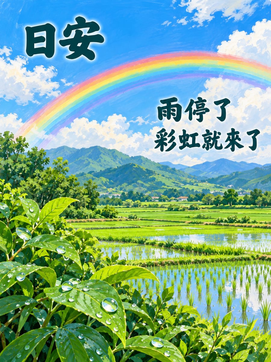 雨後的彩虹。圖中文字：日安，雨停了，彩虹就來了