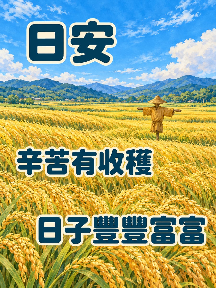 金黃的稻浪。圖中文字：日安，辛苦有收穫，日子豐豐富富