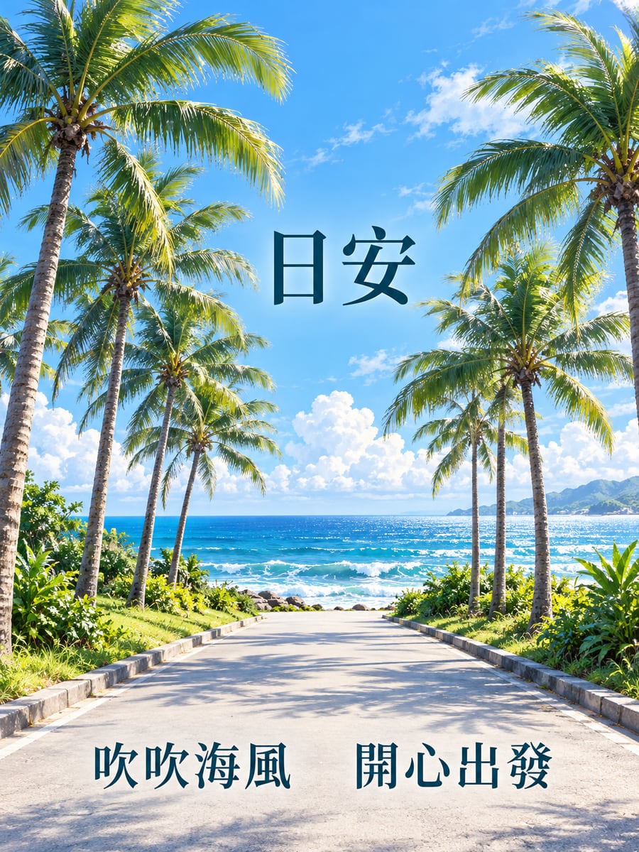 椰林海岸公路。圖中文字：日安，吹吹海風，開心出發