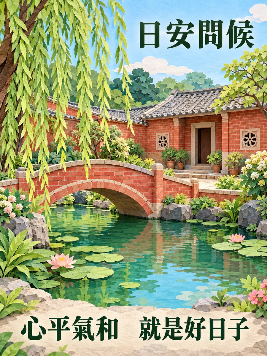紅磚老宅的庭園池塘。圖中文字：日安問候，心平氣和，就是好日子
