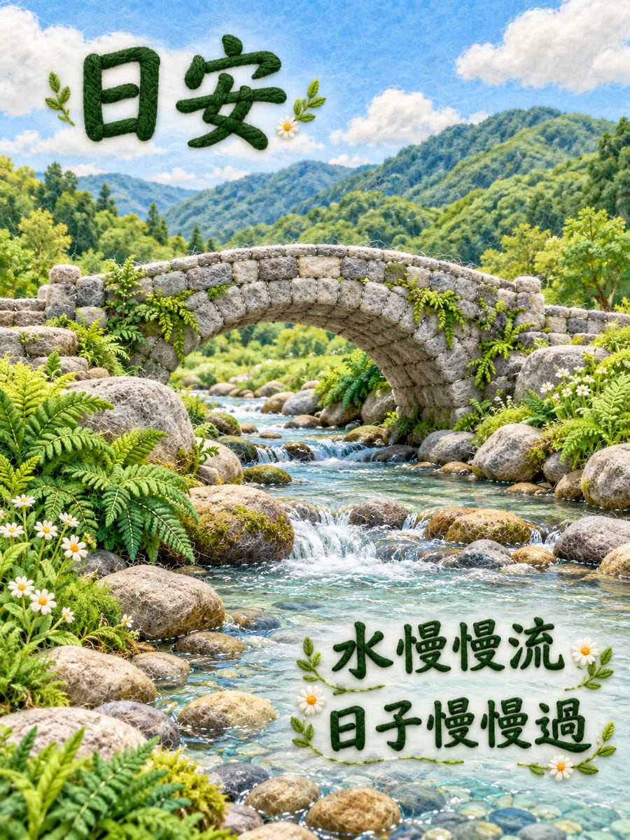 小溪上的石橋。圖中文字：日安，水慢慢流，日子慢慢過