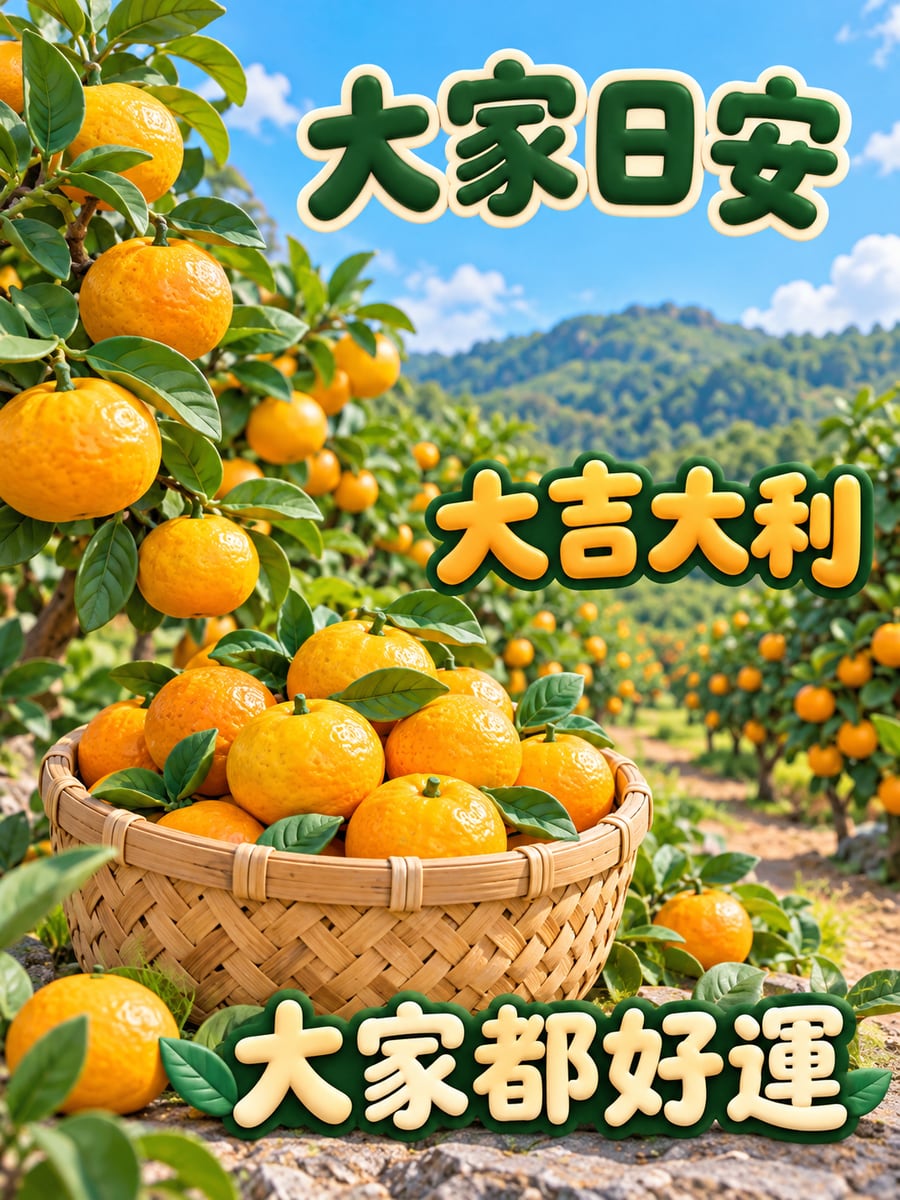 結實纍纍的柑橘園。圖中文字：大家日安，大吉大利，大家都好運