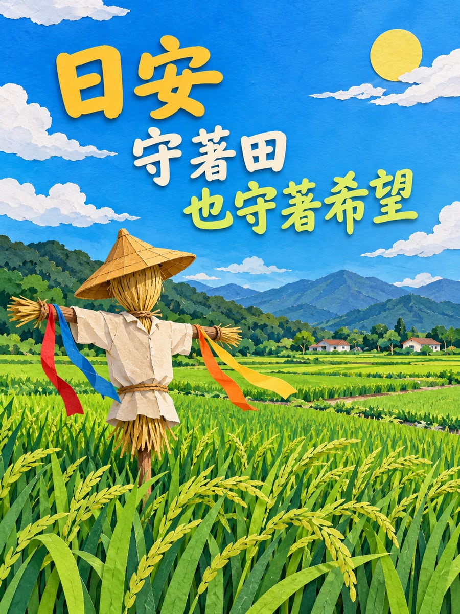 綠田裡的稻草人。圖中文字：日安，守著田，也守著希望