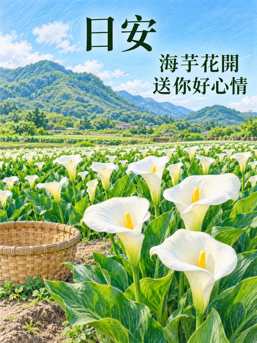 一片潔白海芋。圖中文字：日安，海芋花開，送你好心情