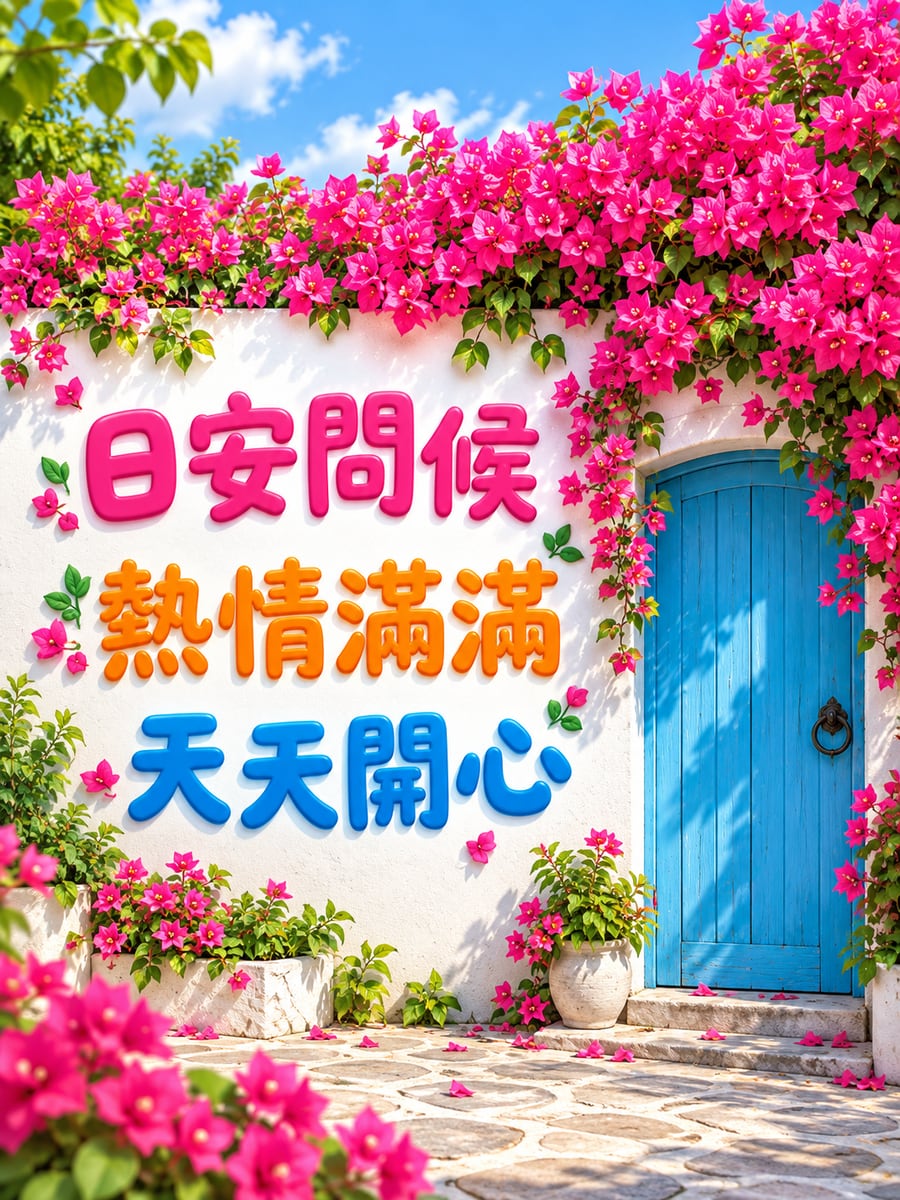 九重葛花牆。圖中文字：日安問候，熱情滿滿，天天開心