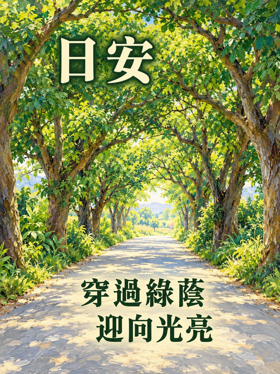 綠色隧道。圖中文字：日安，穿過綠蔭，迎向光亮