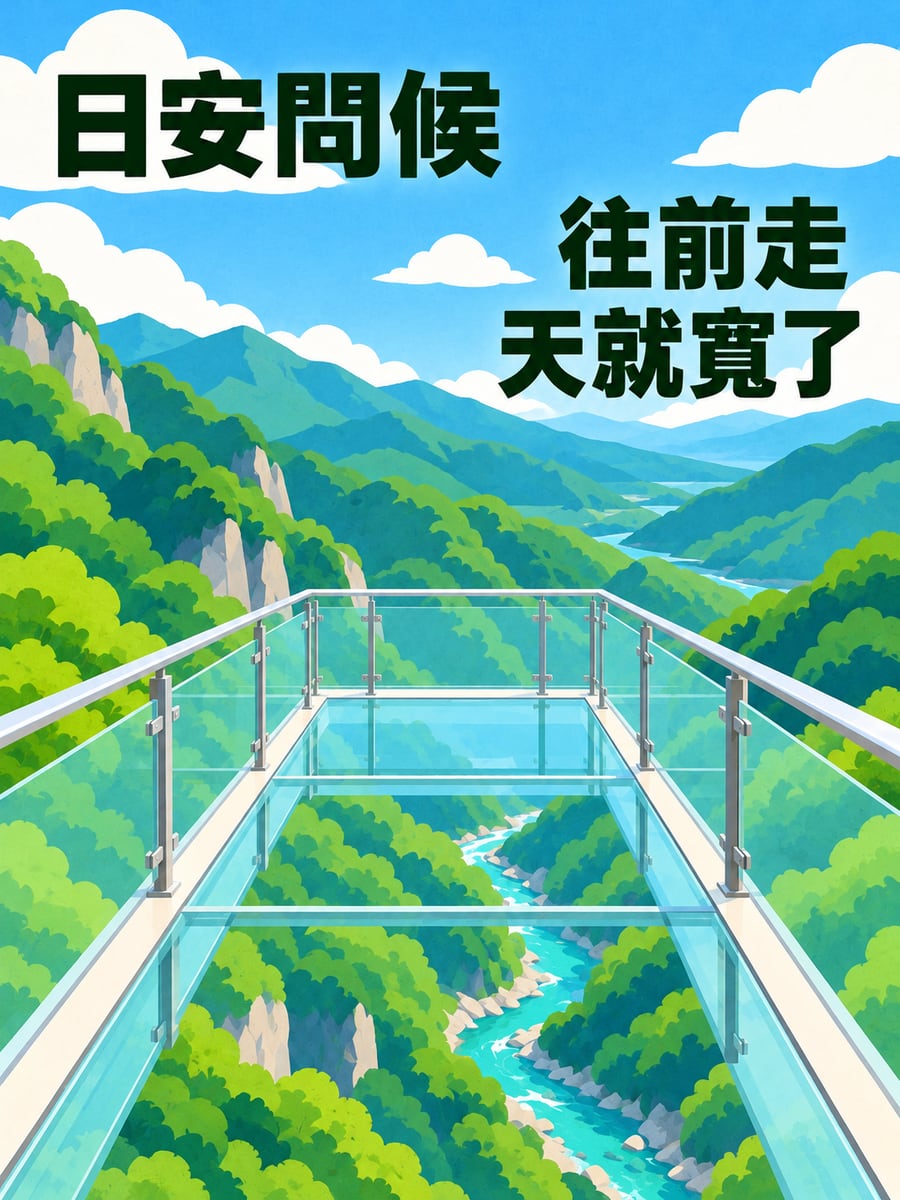 天空步道。圖中文字：日安問候，往前走，天就寬了