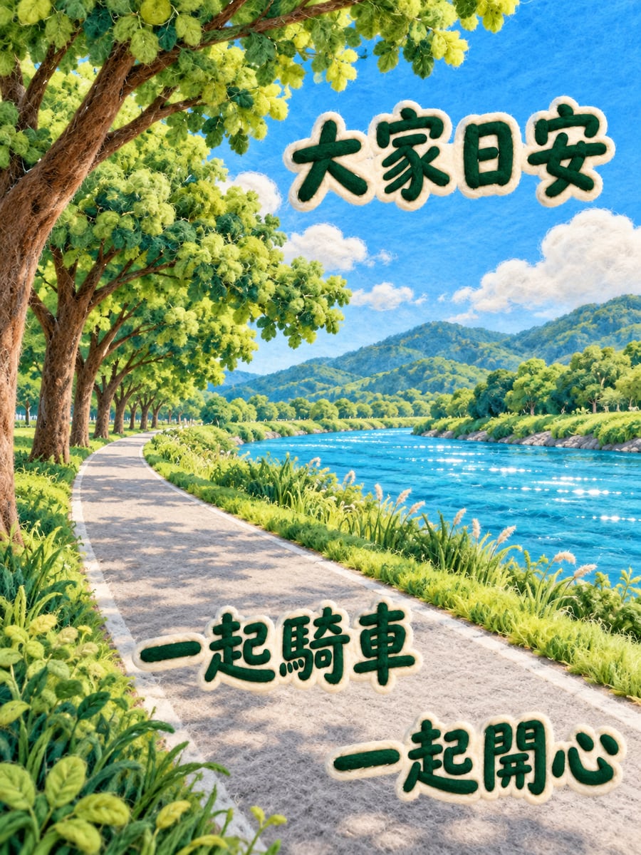 溪畔自行車道。圖中文字：大家日安，一起騎車，一起開心
