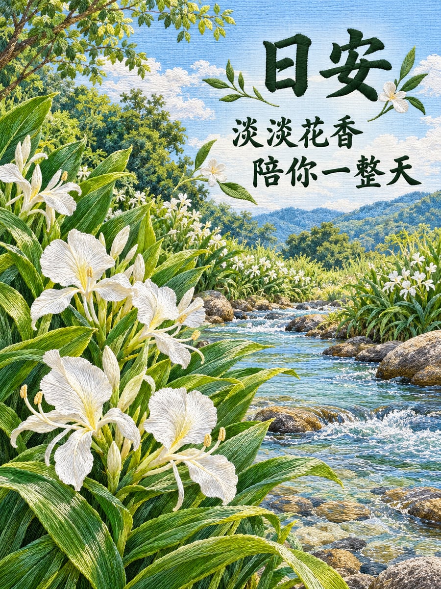 野薑花小溪。圖中文字：日安，淡淡花香，陪你一整天