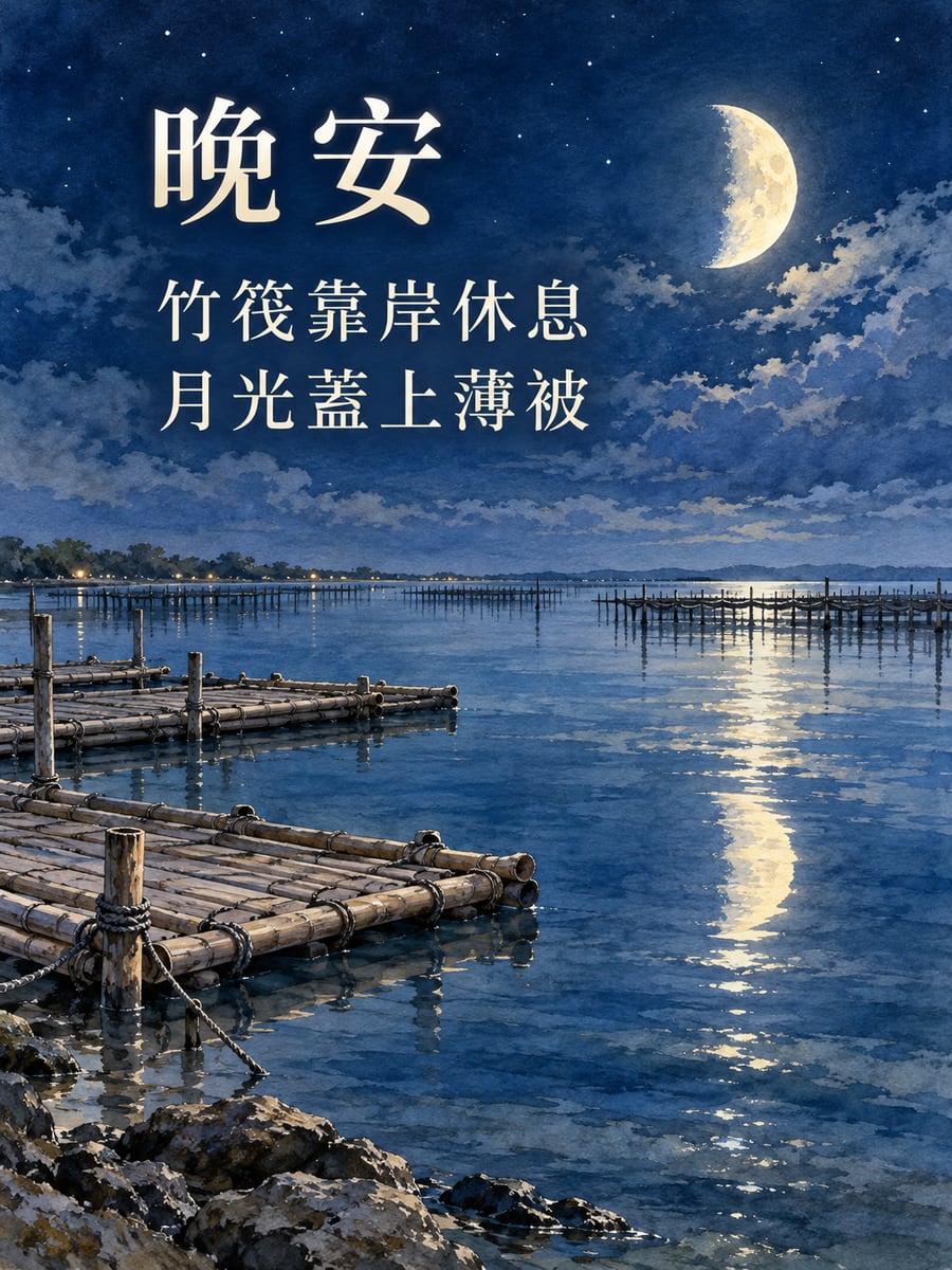 內海竹筏月色。圖中文字：晚安，竹筏靠岸休息，月光蓋上薄被