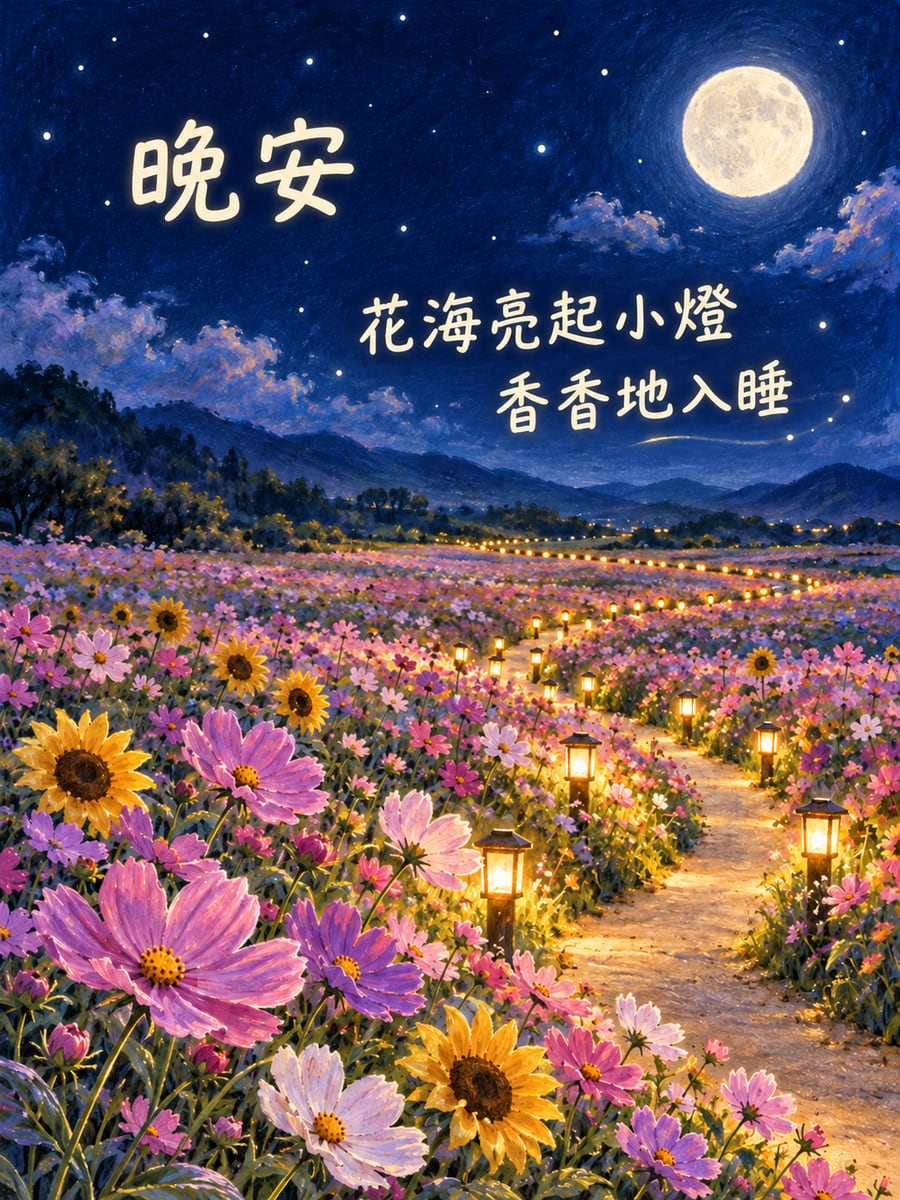 花海小徑燈。圖中文字：晚安，花海亮起小燈，香香地入睡
