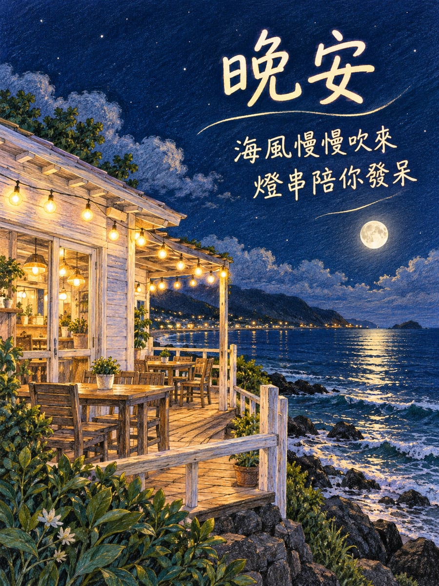 海岸小屋燈串。圖中文字：晚安，海風慢慢吹來，燈串陪你發呆