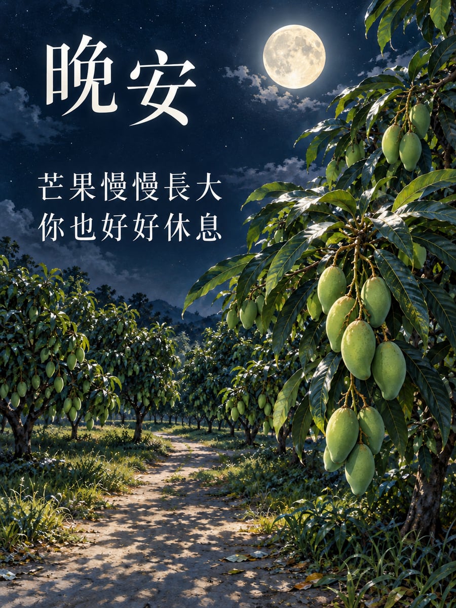 月下的芒果園。圖中文字：晚安，芒果慢慢長大，你也好好休息