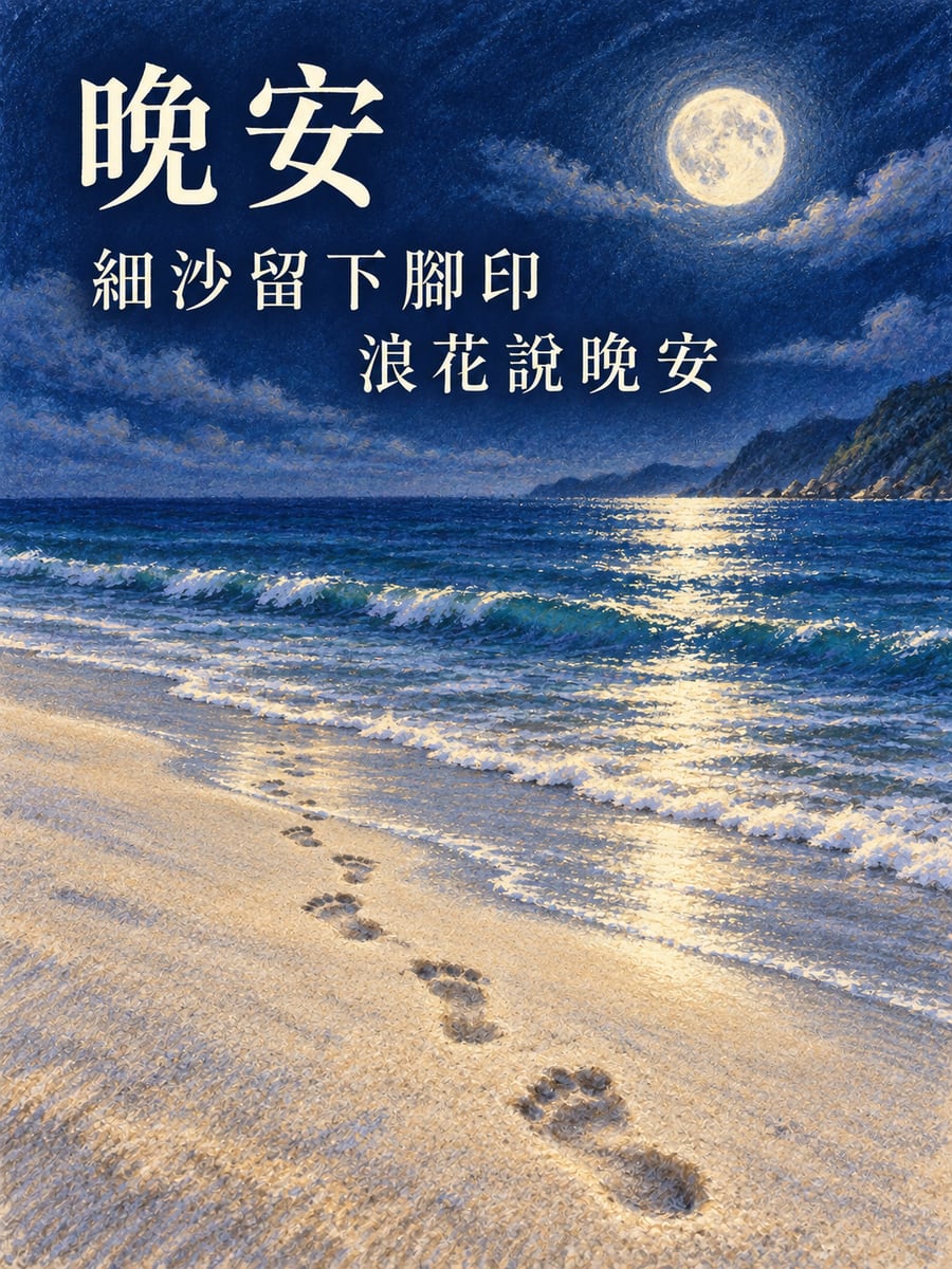 月光海岸腳印。圖中文字：晚安，細沙留下腳印，浪花說晚安