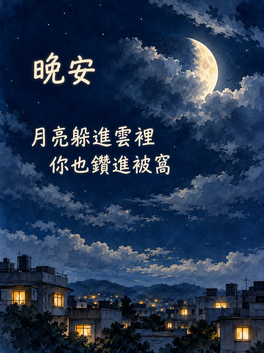 雲間的上弦月。圖中文字：晚安，月亮躲進雲裡，你也鑽進被窩