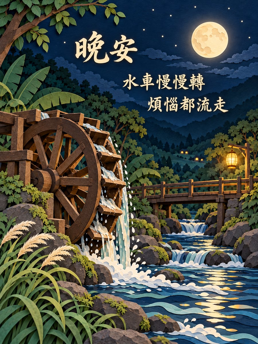月光水車。圖中文字：晚安，水車慢慢轉，煩惱都流走